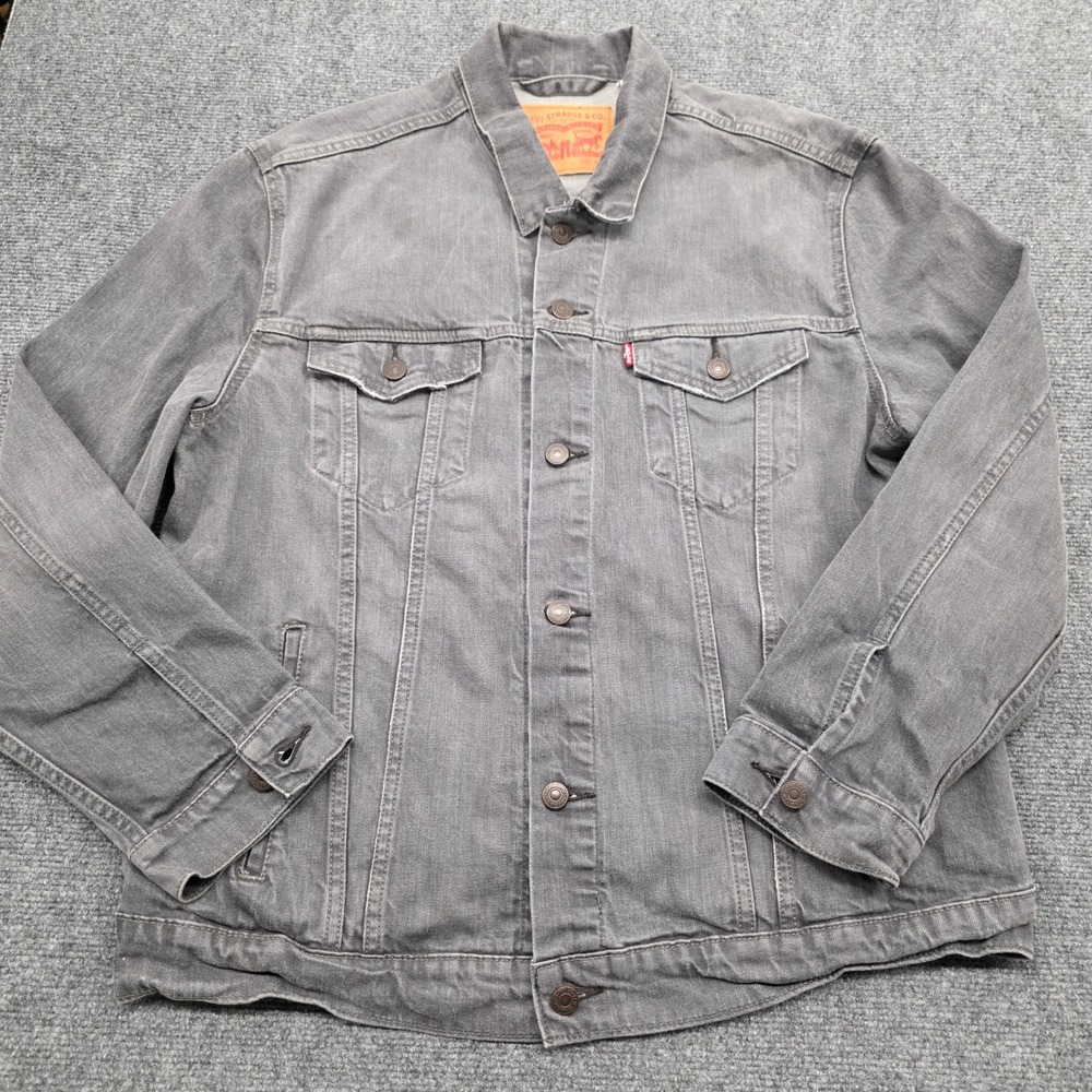 Levis Men Black Grey Denim Trucker Jacket XL Button Front Cotton Blend Jean Coat